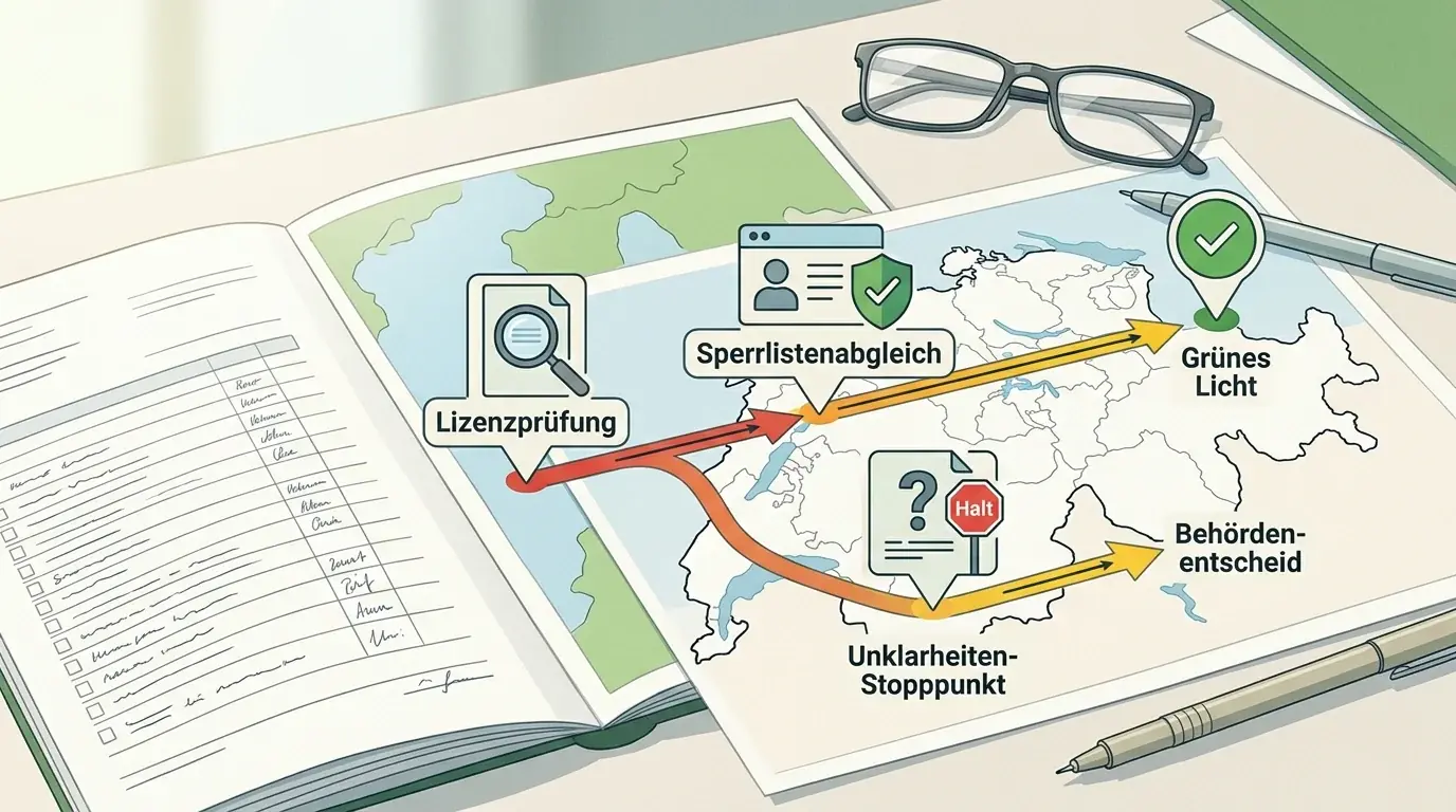 Ruhiger Prüfpfad mit Schweizer Dokumenten, Listen und Warnsymbolen