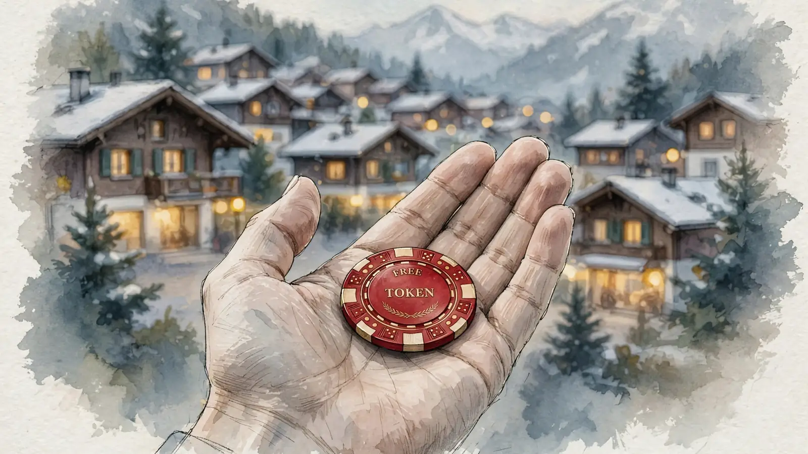 Eine Hand hält einen roten Spielchip vor verschwommener Schweizer Bergstadt bei Dämmerung.