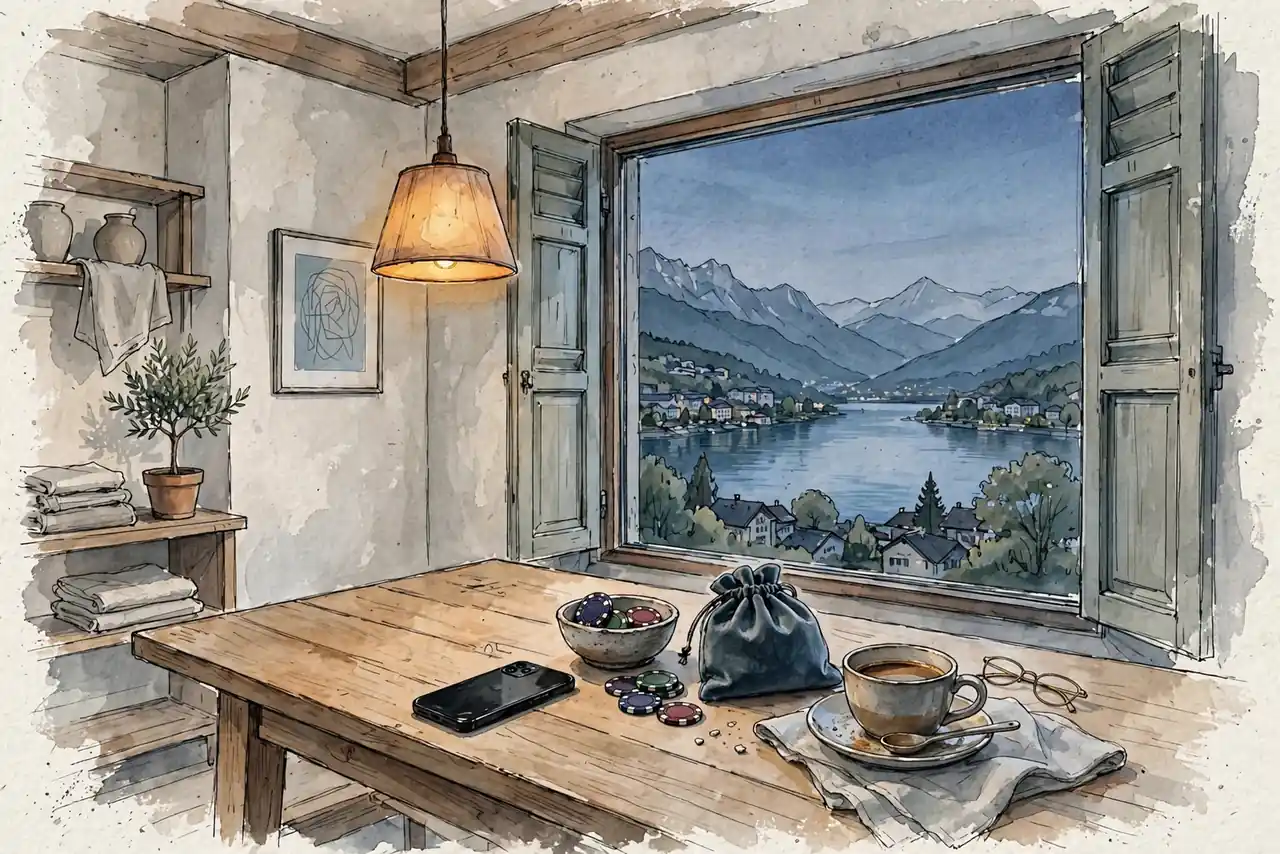 Schweizer Wohnung mit Casinokchips und Smartphone auf dem Tisch bei Abendlicht.