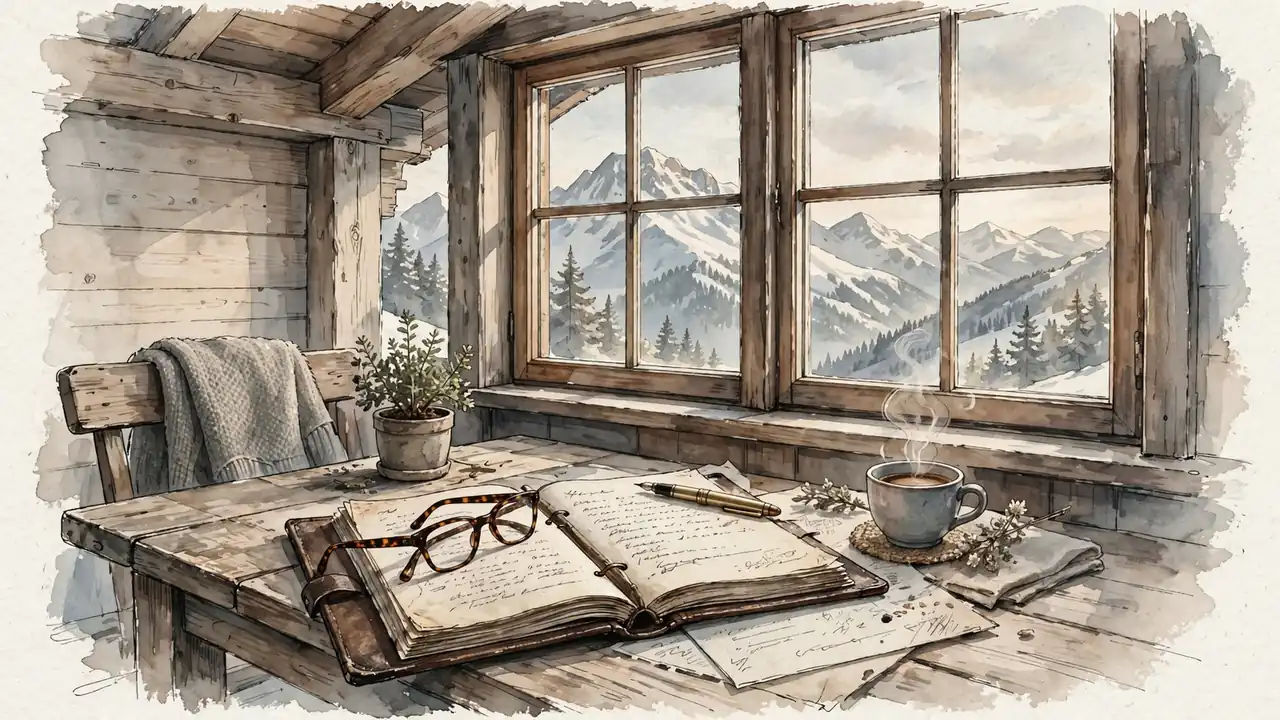Holzschreibtisch im Schweizer Chalet mit offenem Vertrag und Alpenblick