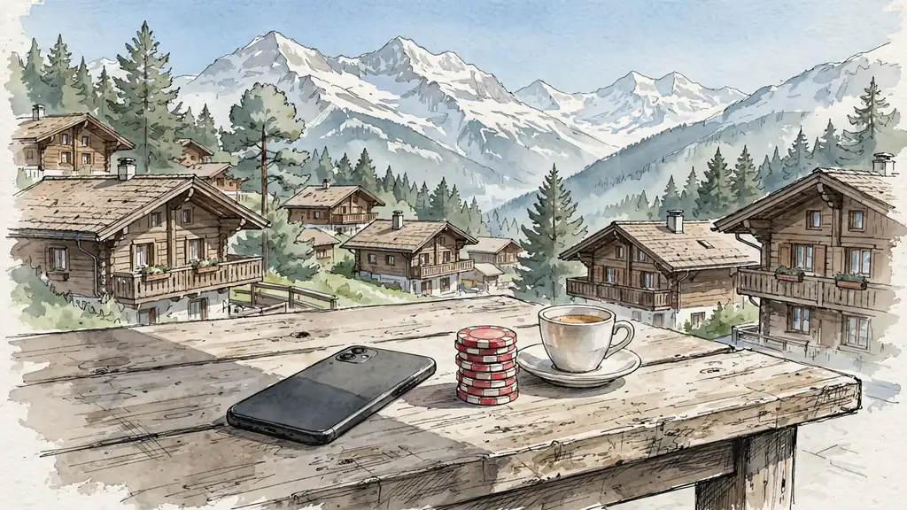 Smartphone mit Casino-Chips und Espresso auf einer Schweizer Alpenterasse mit Bergpanorama