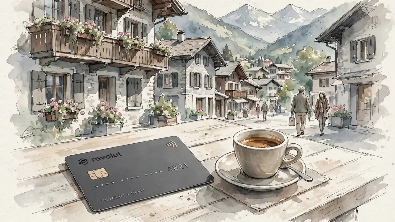 Revolut-Karte auf einem Cafétisch in einem Schweizer Bergdorf