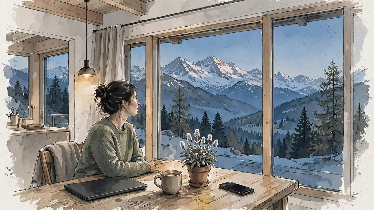Schweizer Wohnzimmer mit Laptop und geschlossenem Smartphone vor Alpenkulisse in der Dämmerung.