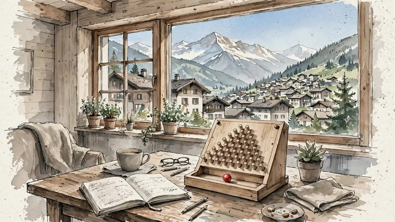 Schweizer Wohnzimmer mit Plinko-Brett auf dem Tisch und Alpenblick