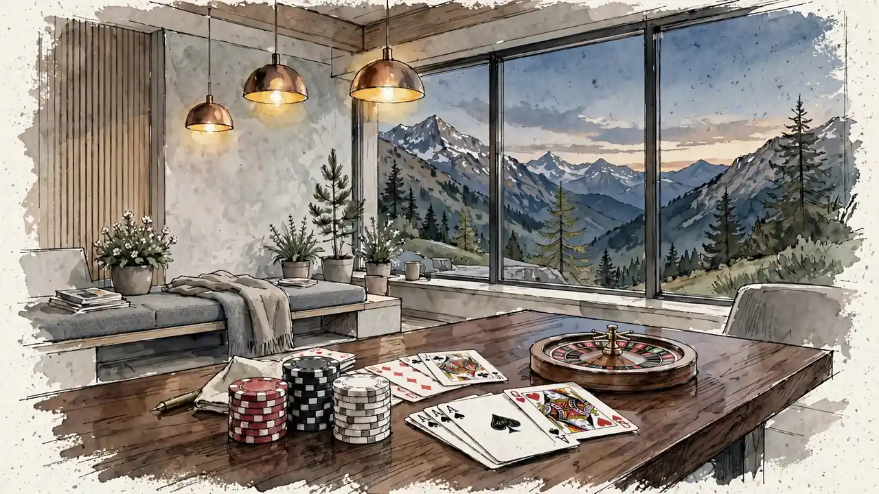 Schweizer Alpen-Lounge mit Spielchips, Spielkarten und Roulette-Rad auf Holztisch bei Dämmerung