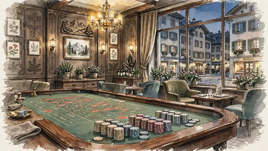 Elegante Schweizer Casino-Lounge mit Roulette-Tisch und warmer Beleuchtung