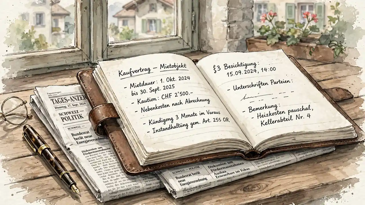 Offenes juristisches Notizbuch auf einem Schreibtisch mit Schweizer Zeitung und Brille.
