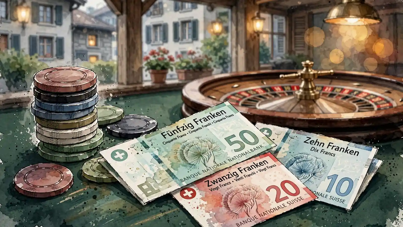 Stapel von Casino-Chips und Schweizer Franken auf Filzbezug vor Roulette-Rad