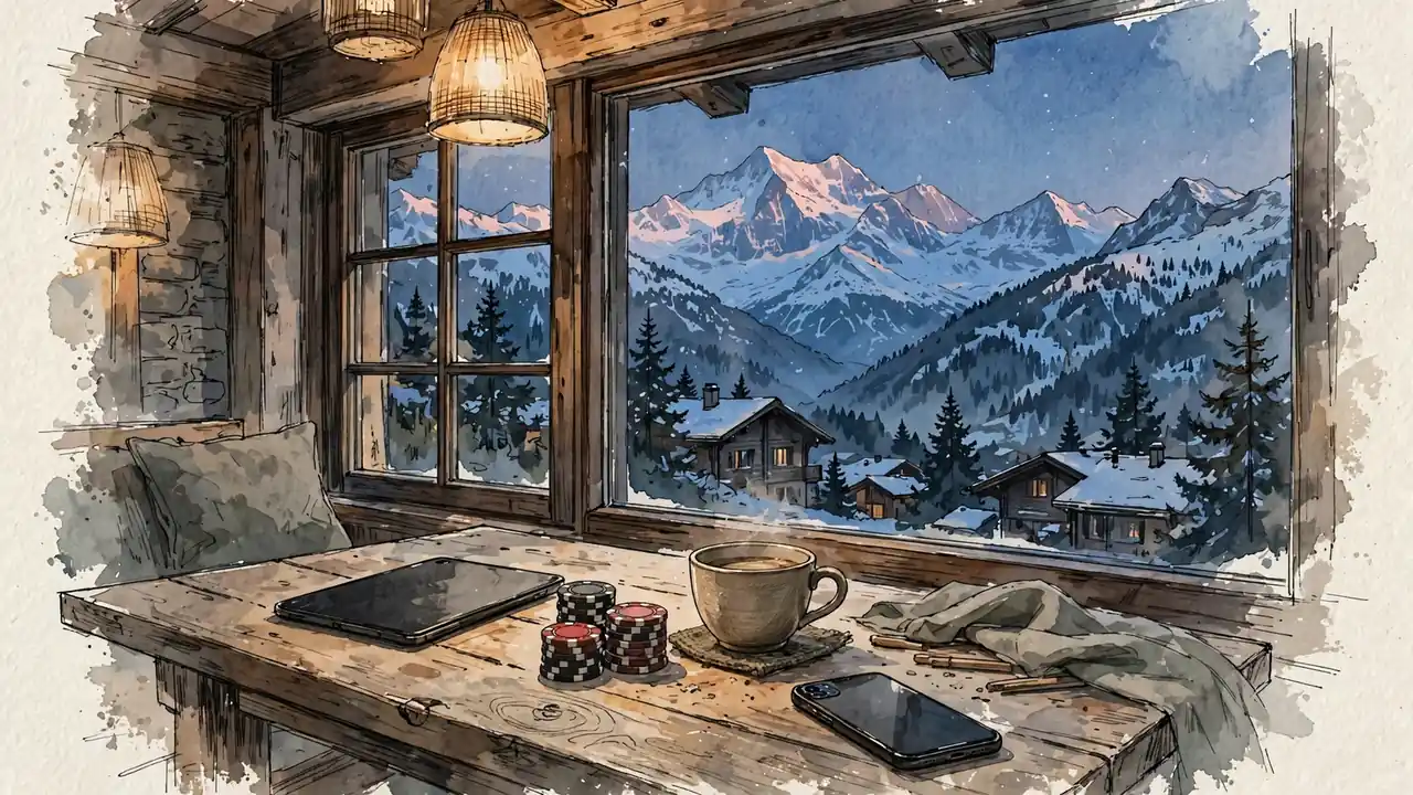 Tablet mit Casino-Chips auf Holztisch vor Fenster mit Schweizer Alpen bei Dämmerung