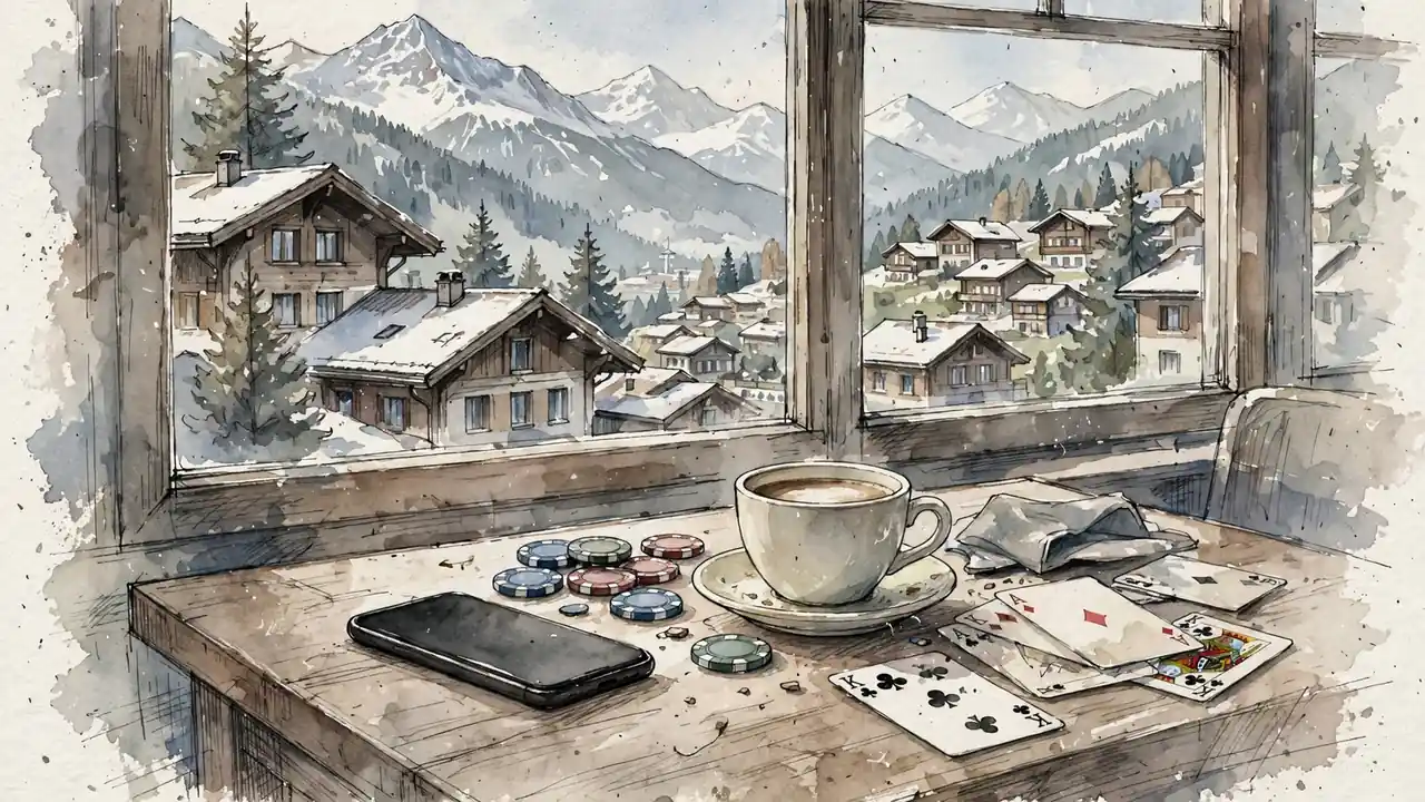 Smartphone, Spielchips und Karten auf einem Holztisch in einem Schweizer Bergcafé.