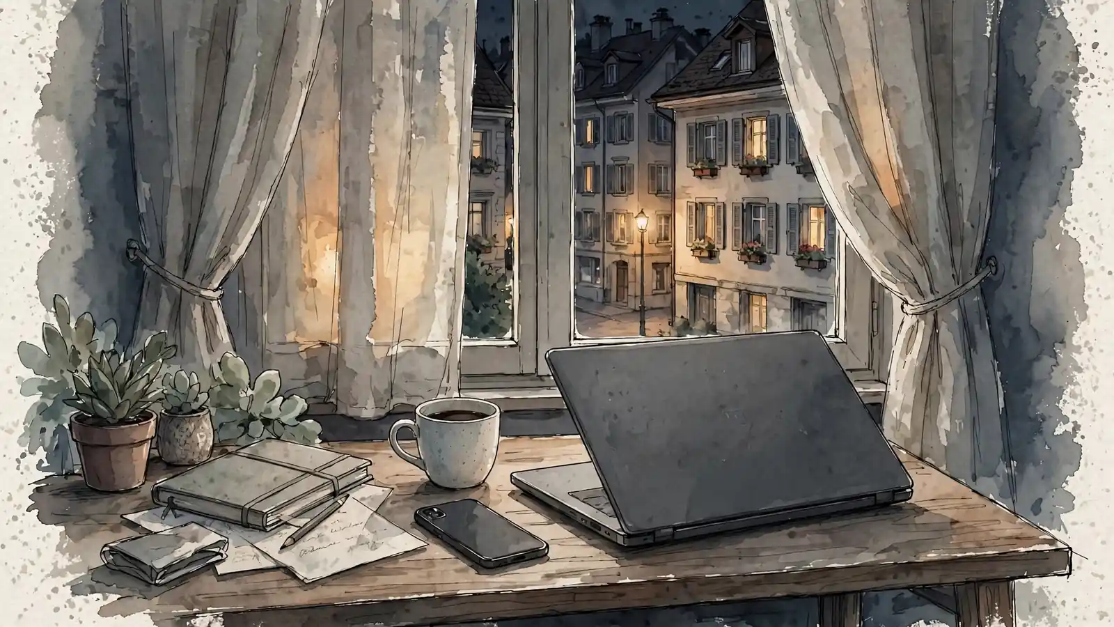 Geschlossener Laptop auf Schreibtisch in dunkler Schweizer Wohnung