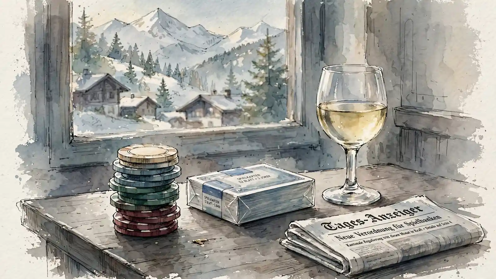 Poker-Chips, Schweizer Weinglas und Alpenblick am Fenster